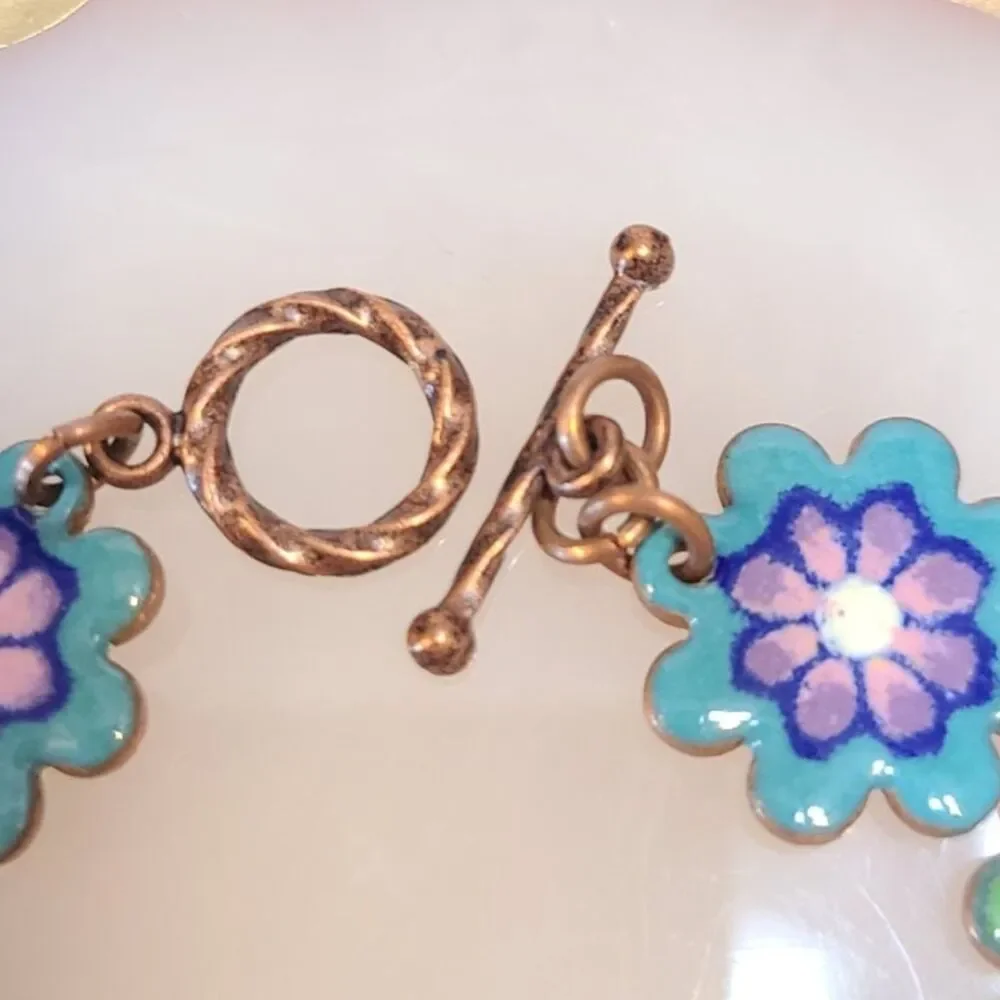 Vintage Copper Enamel Floral Bracelet Mid Century MCM Flower Panel Link 6.5